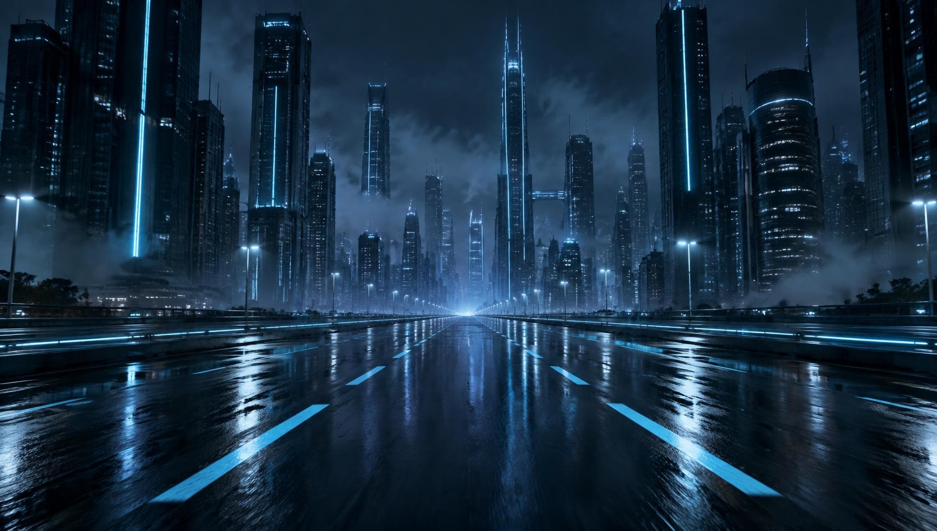 Night road leading into a futuristic city